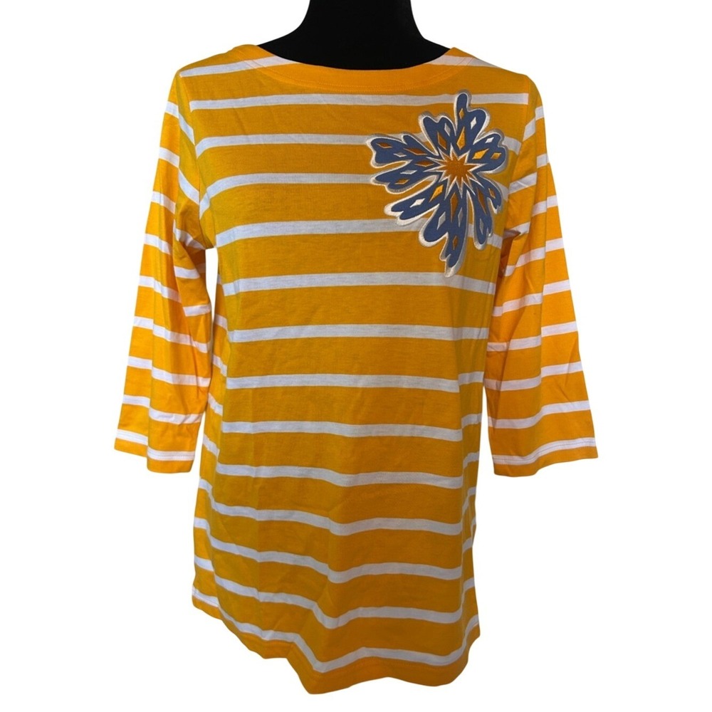 NWT‎ Bob Mackie Yellow and White Striped Tee with Embroidered Flower Size XS